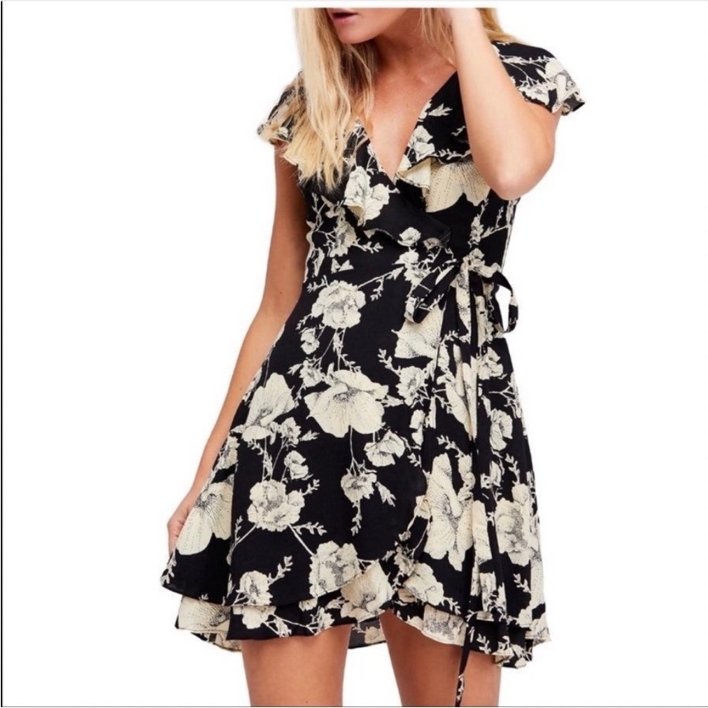 Free People Short Floral Wrap Dress Flutter Sleeve